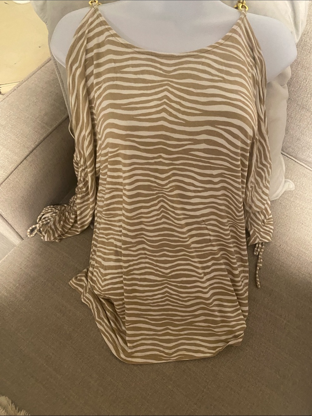 Michael Kors Beige and White Zebra-Print Cold-Shoulder with gold chain accent